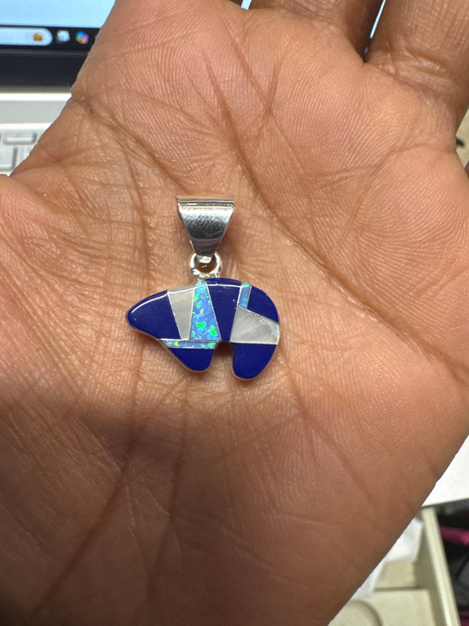 Double Sided Lapis, Mother of Pearl & Opal Bear Pendent