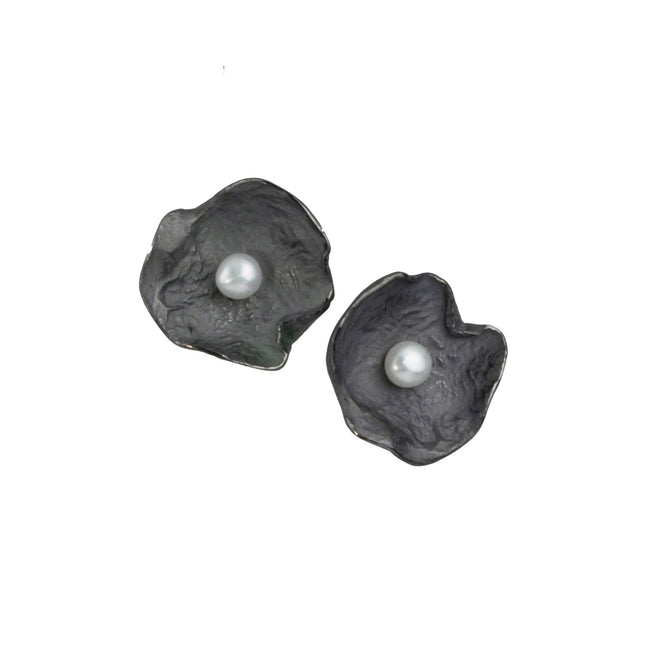 Oxidized Sterling Silver with Pearl Petal Earrings - (Medium)