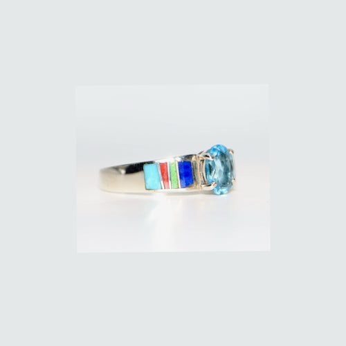 Indian Summer Blue Topaz Navajo Inlay Ring (Sterling Silver) — Custom White Gold