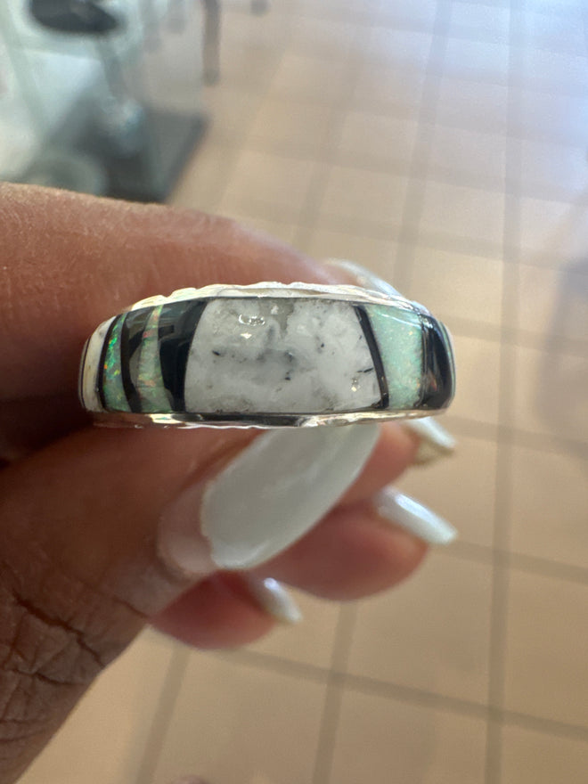 White Buffalo Turquoise, Opal and Black Jade Ring