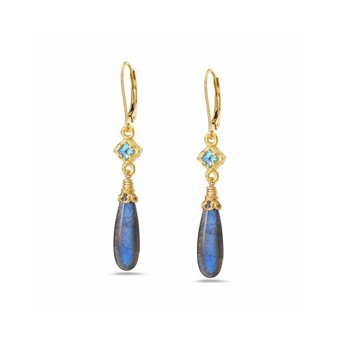 Labradorite Earrings with Blue Topaz and 18k Gold Vermeil