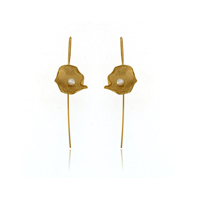 Gold Petal Earrings with Pearl (Large)