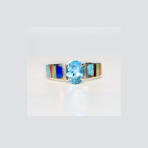 Indian Summer Blue Topaz Navajo Inlay Ring (Sterling Silver) — Custom White Gold