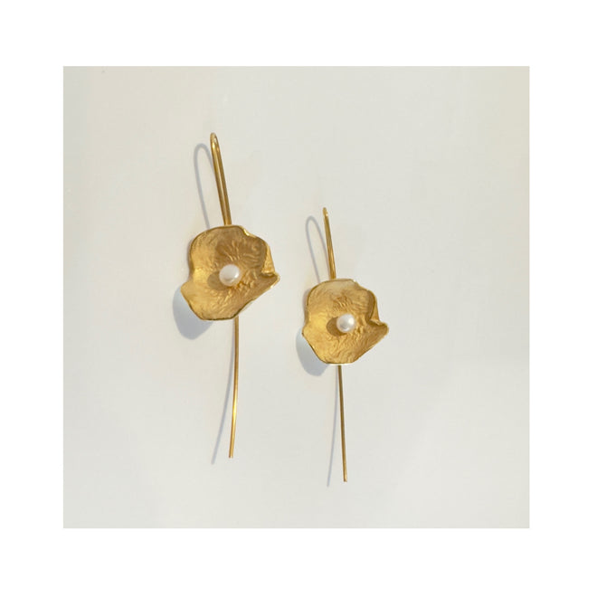 Gold Petal Earrings with Pearl (Large)