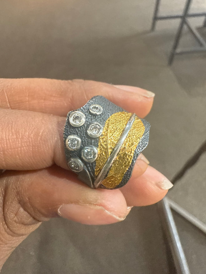 Oxidized Silver with 24 Carat Gold and cubic zirconia