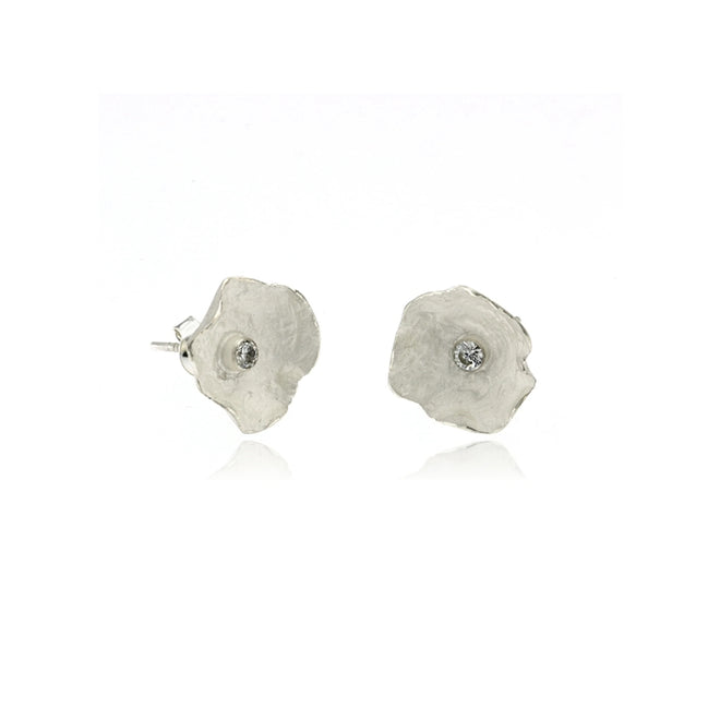 Silver Petal Earrings with Cubic Zirconia - (Large)