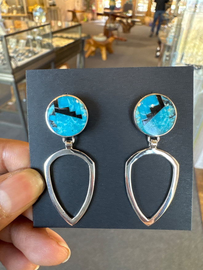 Turquoise & Black Jade Earrings (Navajo Inlaid)