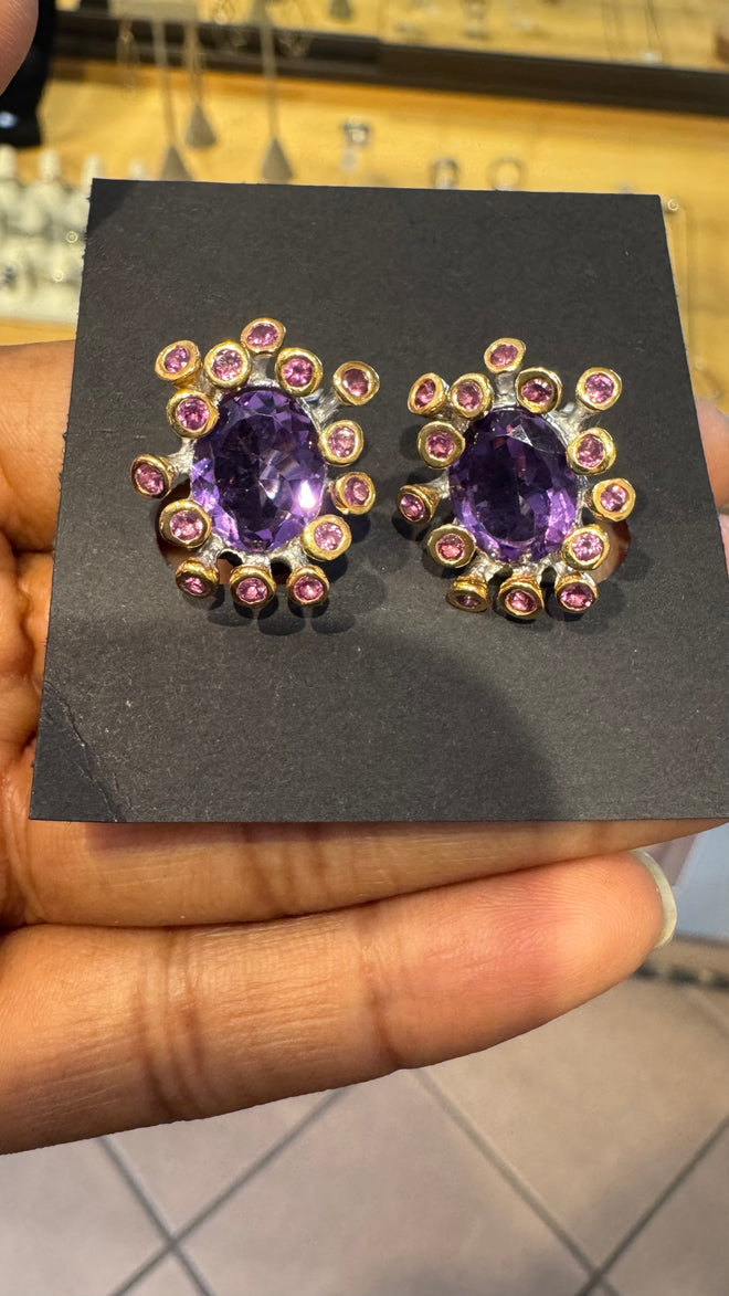 Amethyst & Rhodolite Stud Earrings