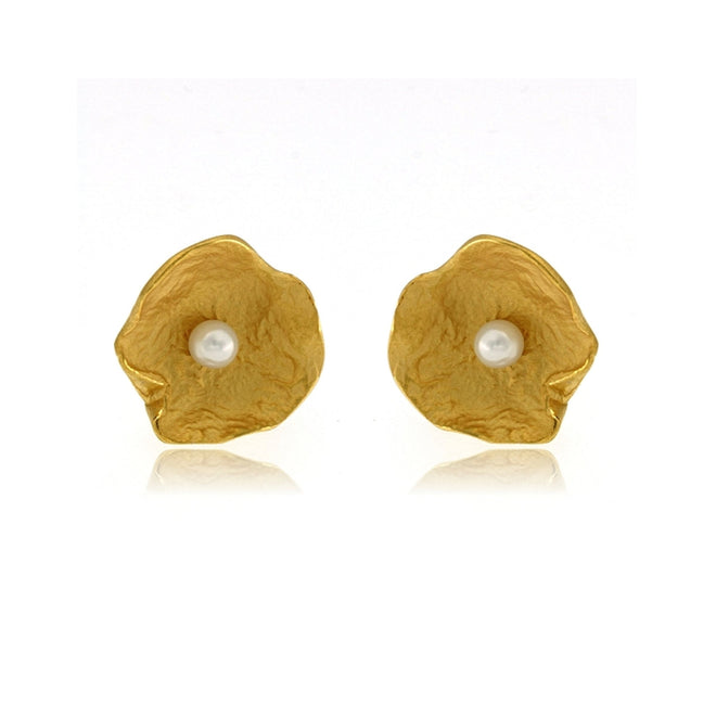 Gold Petal Earrings with Pearl - (Large)