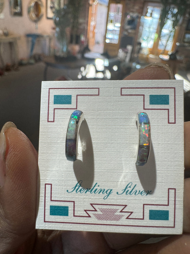 White & Blue Opal Small Half Hoops Earrings