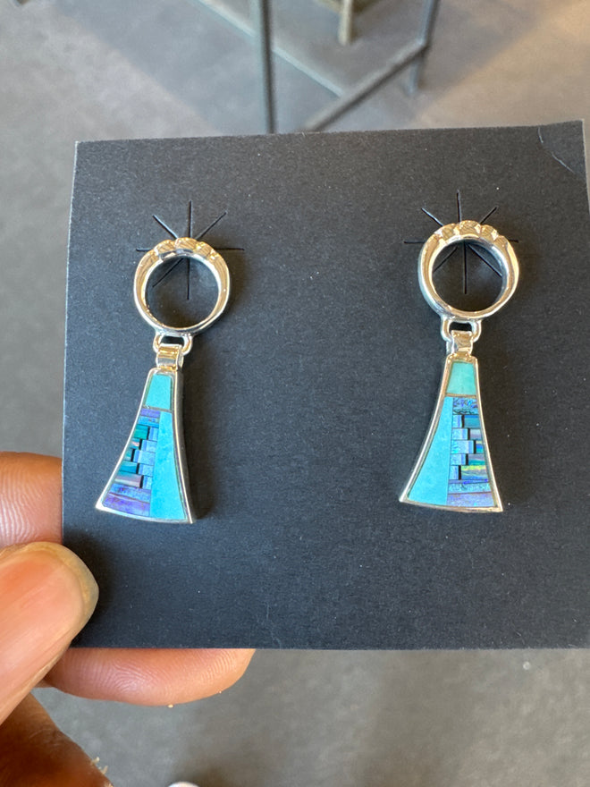 Fancy Turquoise Valley Earrings - Navajo Inlaid