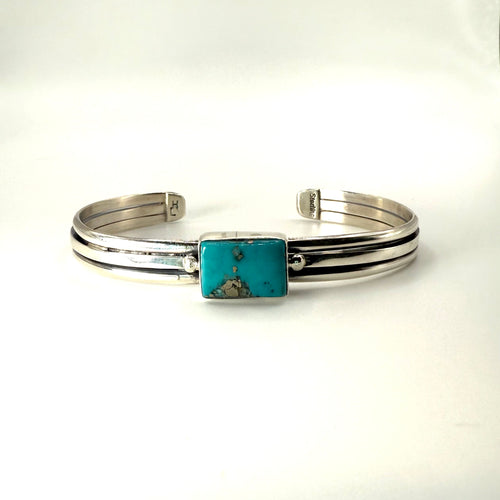 Navajo Made Kingman Turquoise Cuff Bracelet — Sterling Silver (Adjustable)