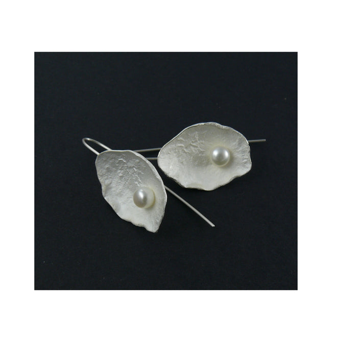 Silver Large Petal Earrings with Pearl