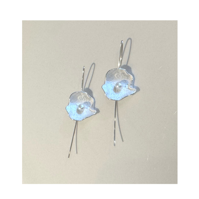 Silver Petal Earrings with Pearl (Large)