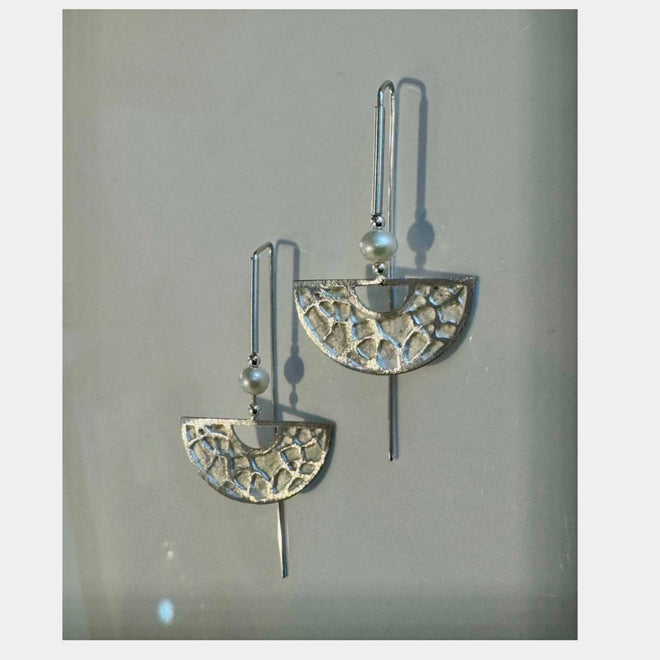 Textured Half Circle Earrings with Pearl