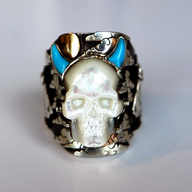 Hand Carved Mother of Pearl Skull ring