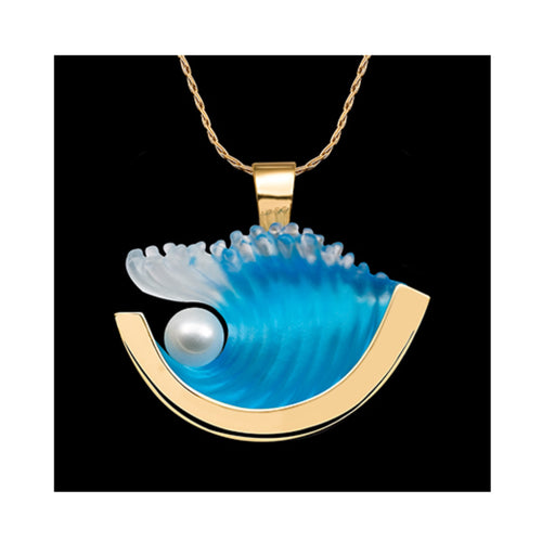 14KT Yellow Gold Medium Glass Wave Pendent with Pearl
