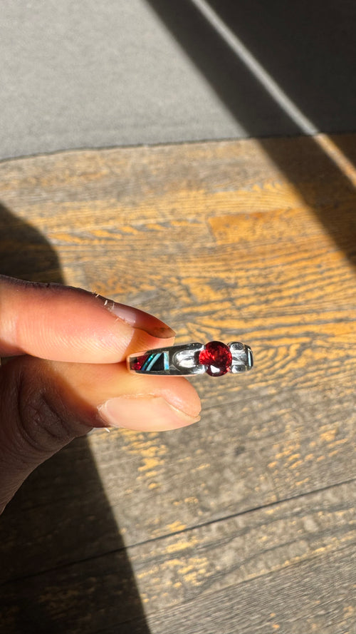 Garnet • Black Jade • Amazonite • Opal Navajo Inlay Ring (Sterling Silver) — Custom 14K Gold
