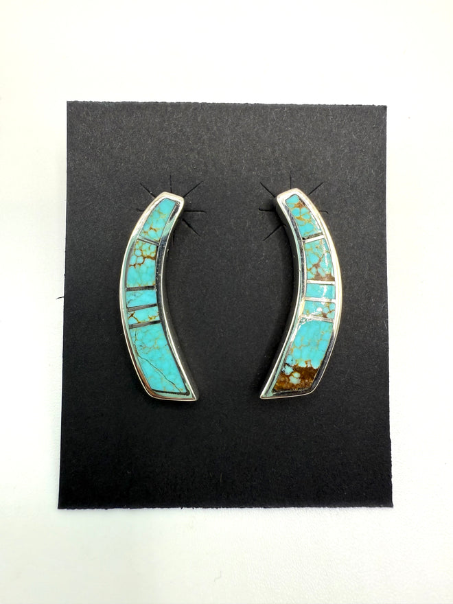 Turquoise and brown earrings on a black card