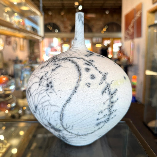 Hand-Made Raku Fired Ceramic Bottle 9×7 — by Sari Green