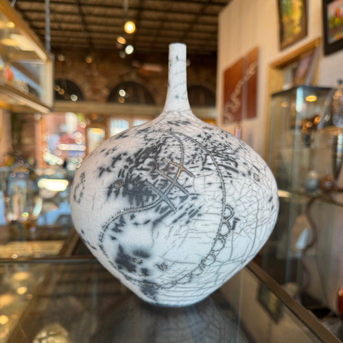 Hand-Made Raku Fired Ceramic Bottle 9×7 — by Sari Green