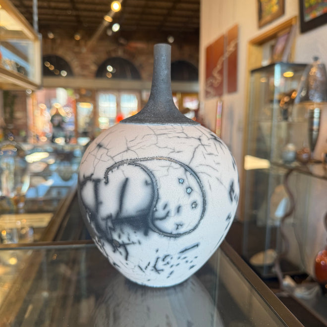 Hand-Made Raku Fired Ceramic Bottle 9×6 — by Sari Green