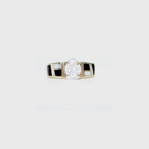 Mother of Pearl & Black Jade Inlay Ring (6 mm CZ) — Sterling Silver | Custom Gold