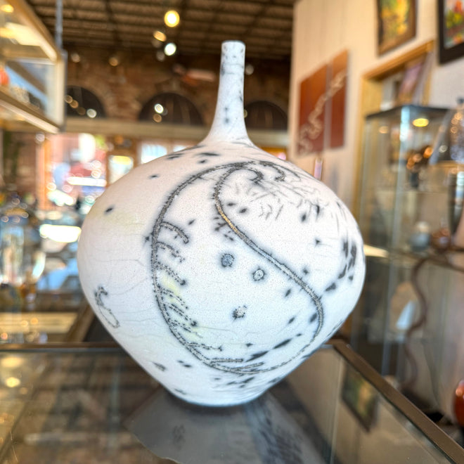 Hand-Made Raku Fired Ceramic Bottle 9×7 — by Sari Green