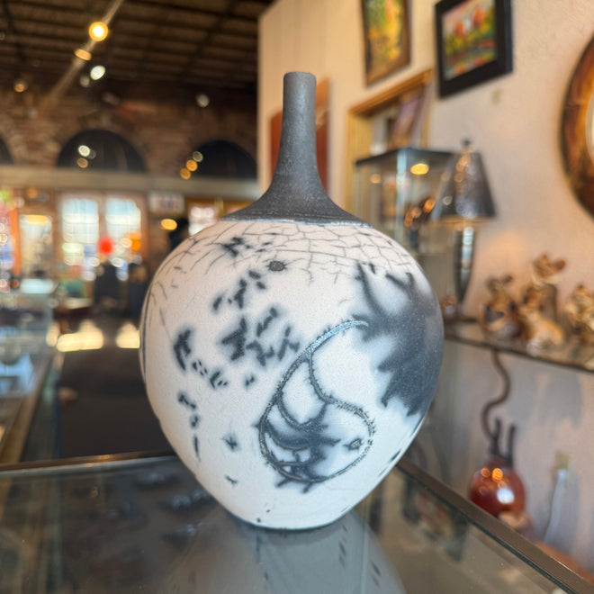 Hand-Made Raku Fired Ceramic Bottle 9×6 — by Sari Green
