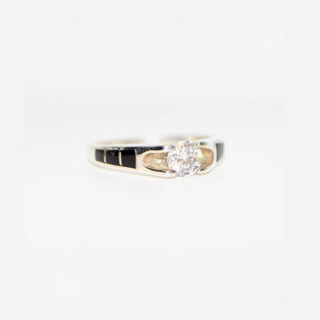 Black Jade & CZ Navajo Inlay Ring (Sterling Silver) — Custom 14K White/Yellow Gold