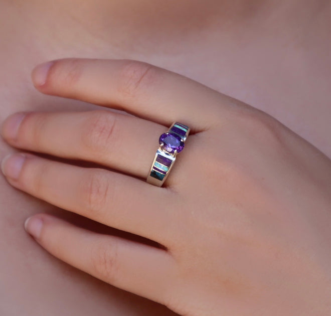 Amethyst, Sugilite, Turquoise & Opal Ring