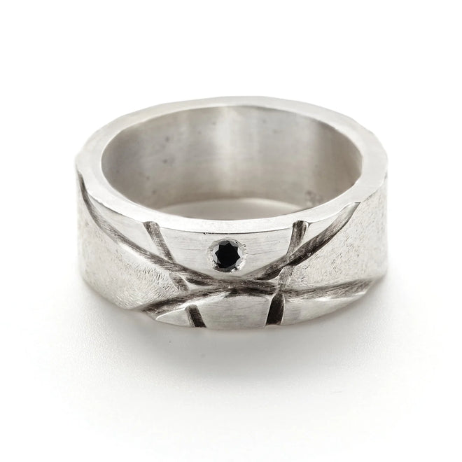 Oxidized sterling line band with 2mm black diamond