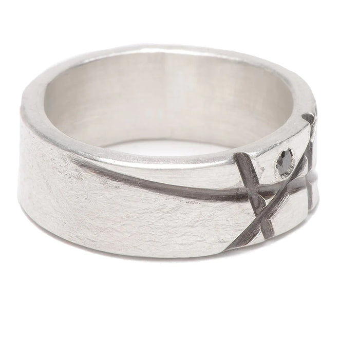 Oxidized sterling line band with 2mm black diamond