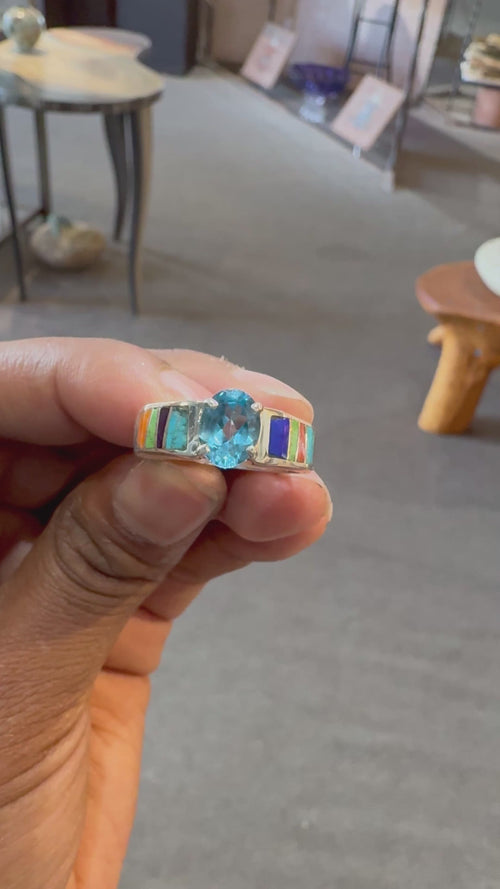 Indian Summer Blue Topaz Navajo Inlay Ring (Sterling Silver) — Custom White Gold