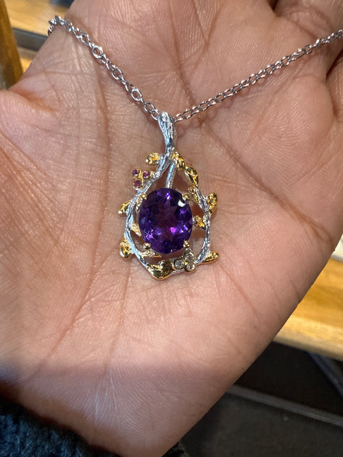 Amethyst, Rhodolite & White Topaz Necklace