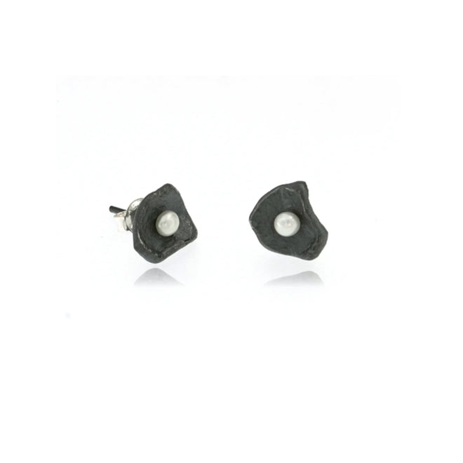 Oxidized Pearl Petal Earrings - Sterling Silver (Small)