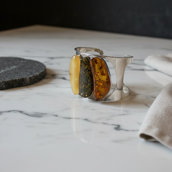 Three Stone Amber Cuff Bracelet