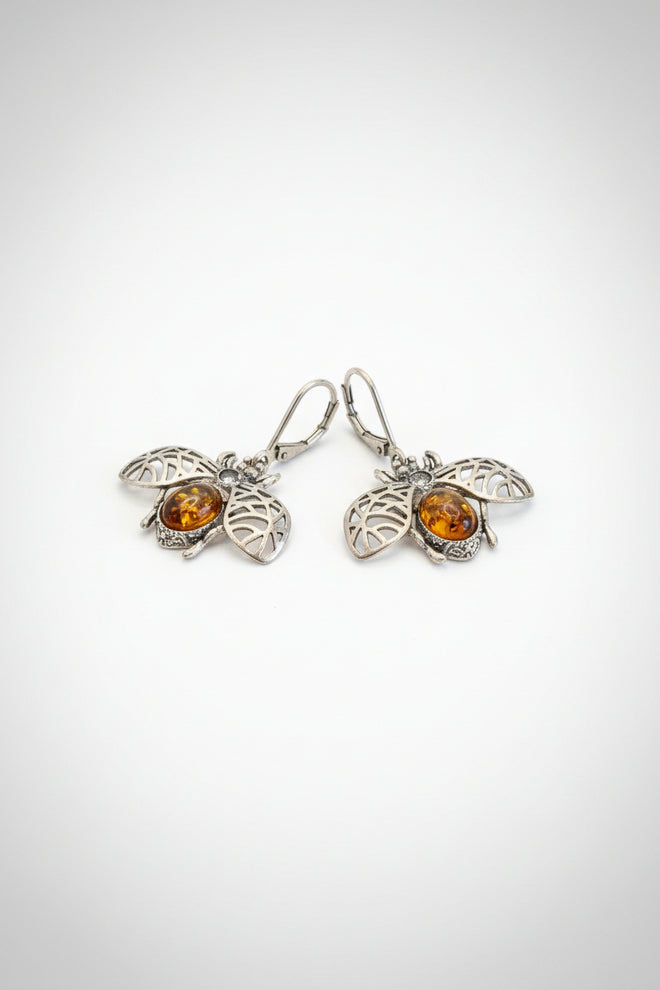 Sterling Silver Bee Amber Earrings