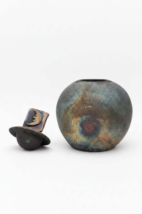 Raku Ceramic Pot with Half Moon Face on lid