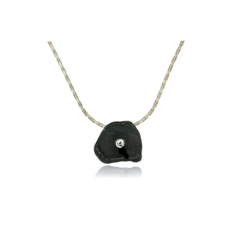 Oxidized Silver Petal Pendent with CZ - (Small)