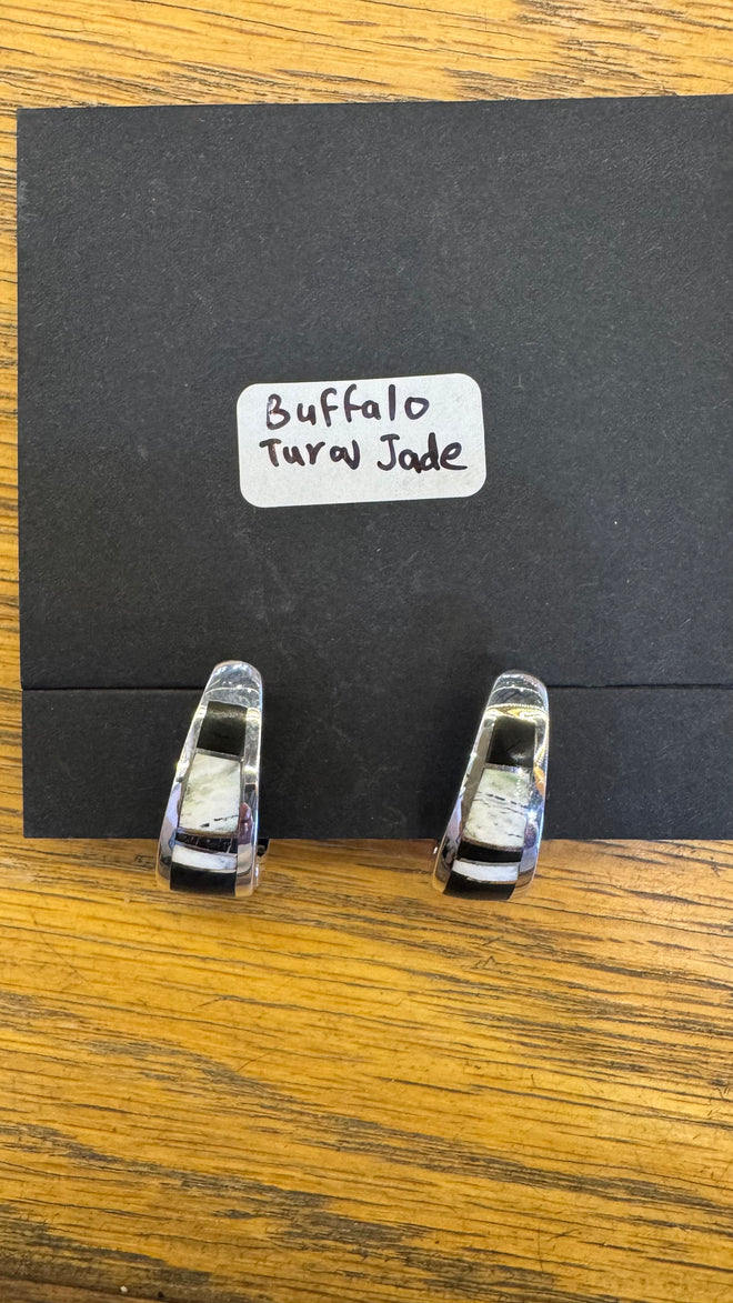 Buffalo Turquoise & Black Jade Huggies Earrings