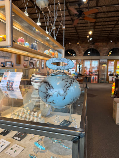 Turquoise Blue Horsehair Pottery Vessel with Loop Handle Lid