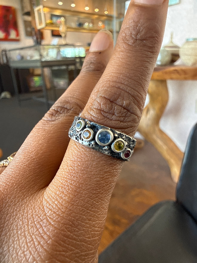 Oxidized Sterling Silver Peridot & Multi Sapphire Ring