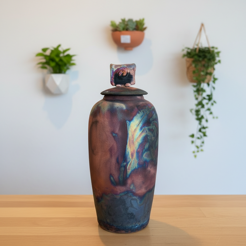 Tall Raku Ceramic Pot with Koi Fish Lid