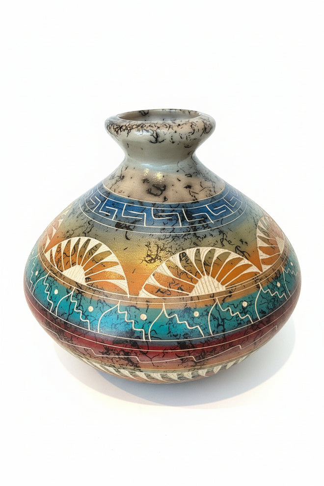 Navajo Carved Round Vase by Artist Samantha Willie 6.5"H x 5.5"W