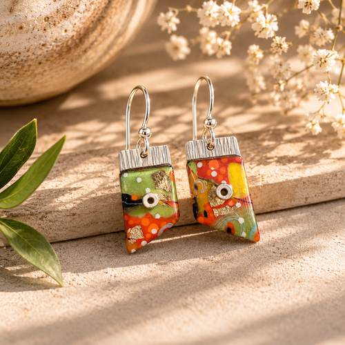 Colorful everyday sterling silver earrings with orange, green, yellow, and gold accents.
