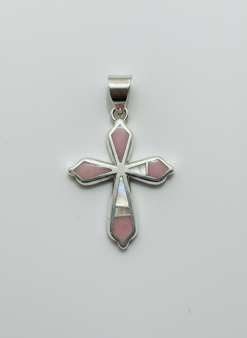 Pink Peruvian Opal and White Opal Cross Necklace