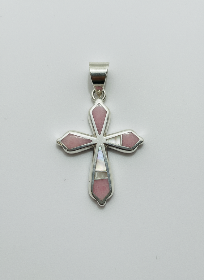Pink Peruvian Opal and White Opal Cross Necklace