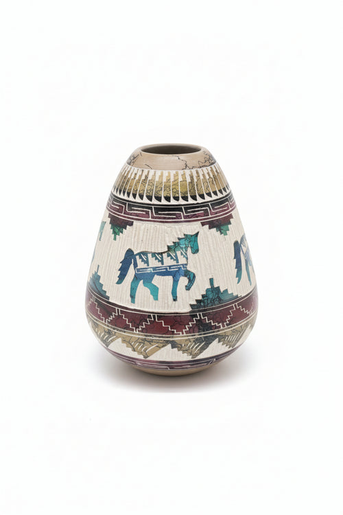 Navajo Carved Round Vase by Artist Marcus Nelson 6.5"H x 6.5"W