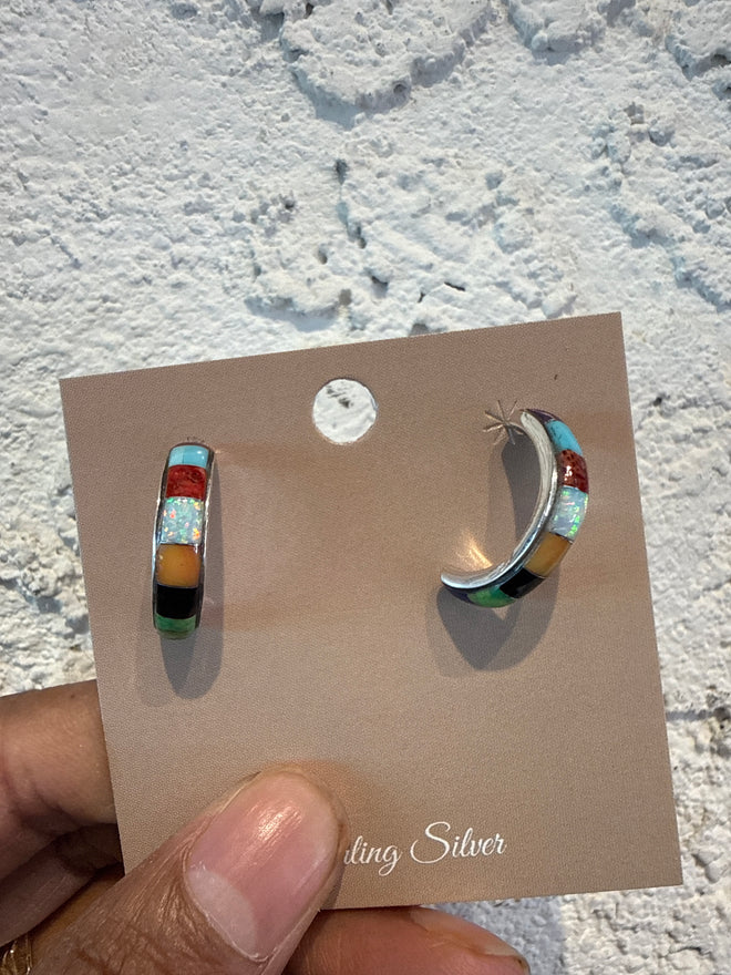 Multi Stone Half Moon Hoop Post Earrings